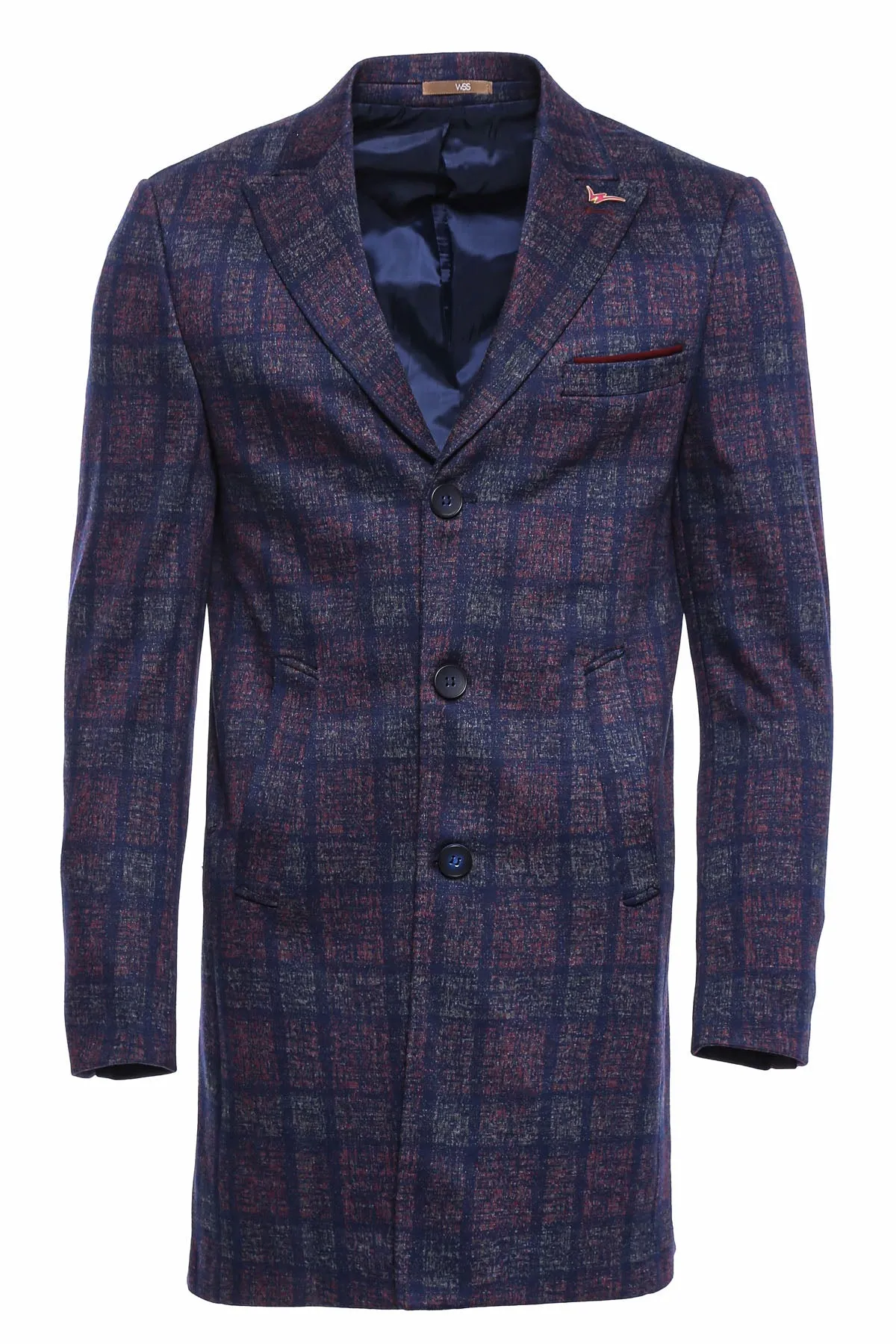 Double-Breasted Plaid Burgundy Men Coat - Wessi