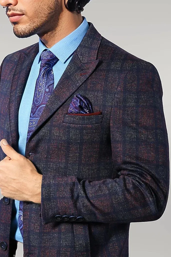 Double-Breasted Plaid Burgundy Men Coat - Wessi