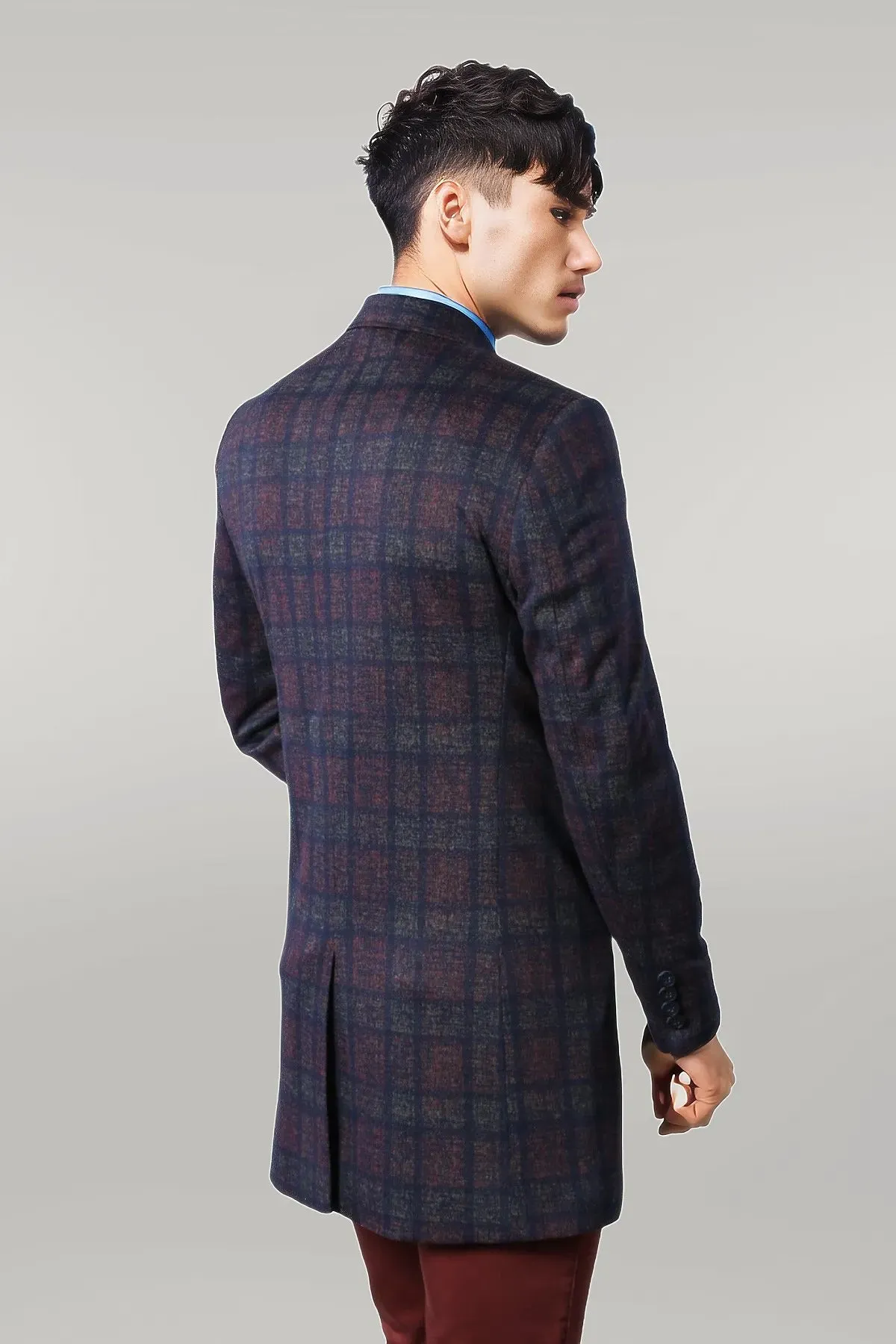 Double-Breasted Plaid Burgundy Men Coat - Wessi