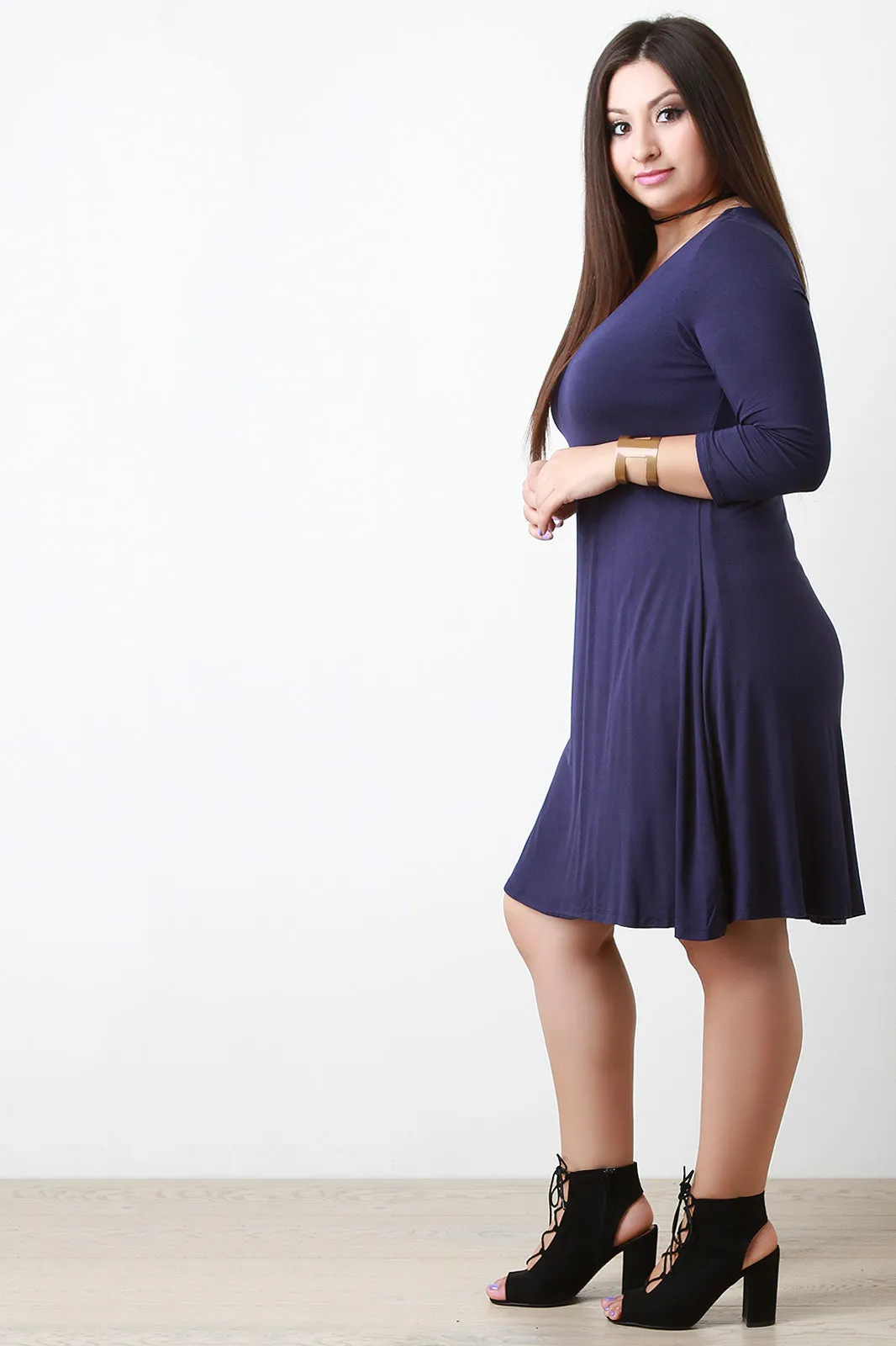 Double Layer V Neck Half Sleeve Tee Shirt Dress