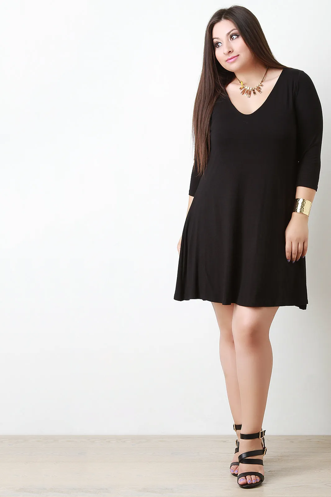 Double Layer V Neck Half Sleeve Tee Shirt Dress