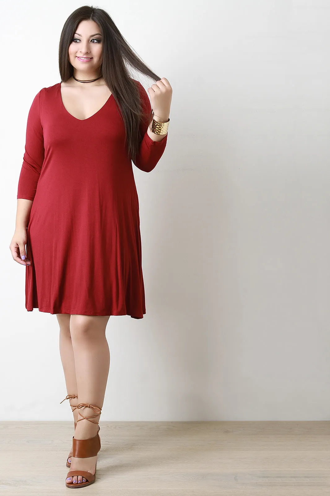 Double Layer V Neck Half Sleeve Tee Shirt Dress