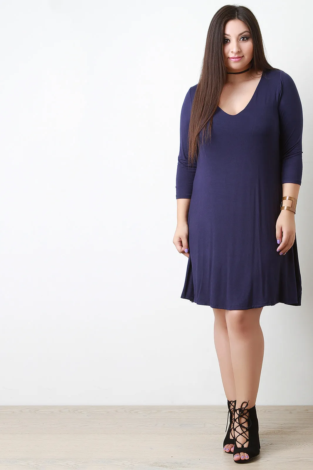 Double Layer V Neck Half Sleeve Tee Shirt Dress