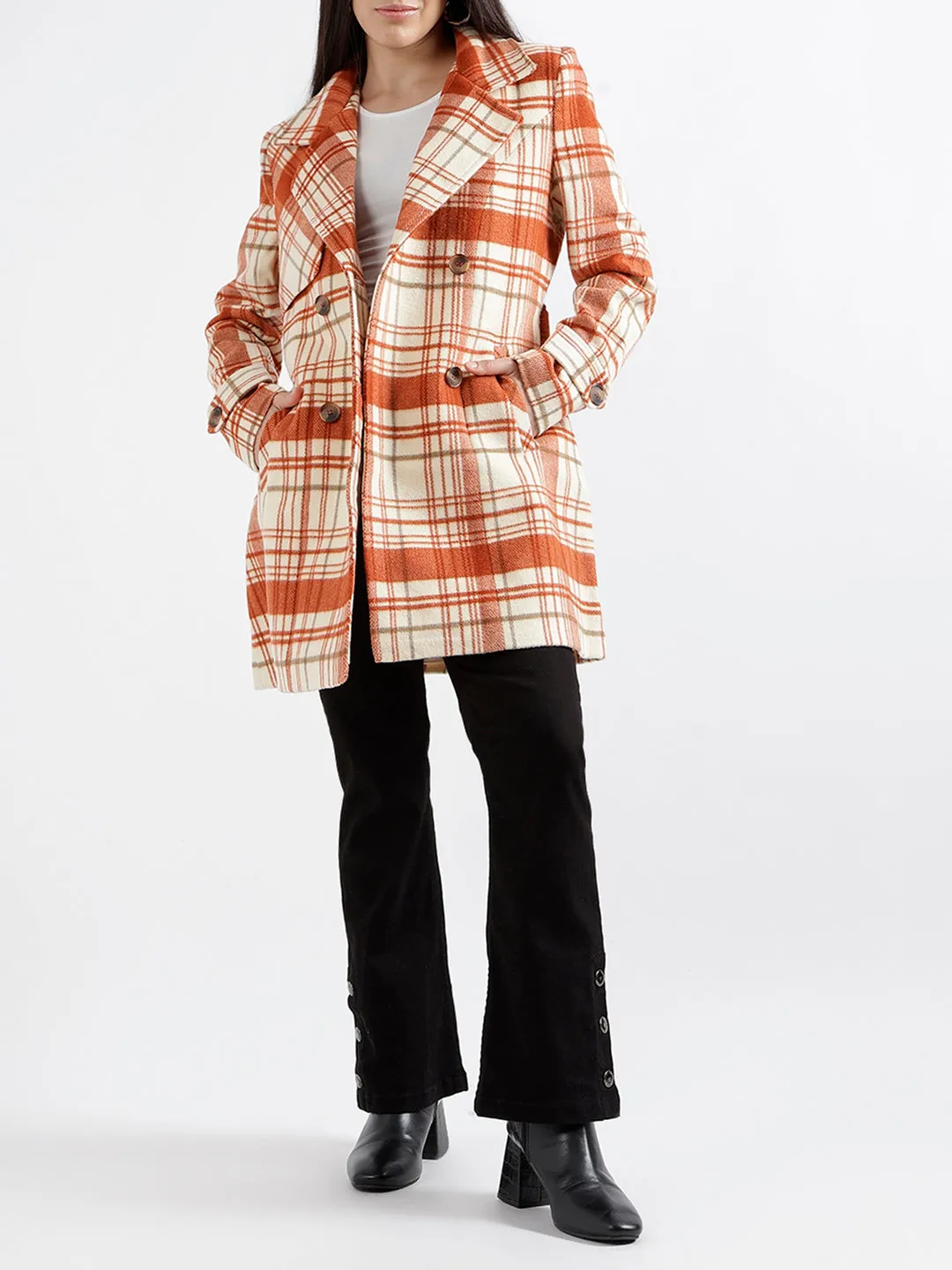 Elle Women Checked Full Sleeves Notched Lapel Overcoat