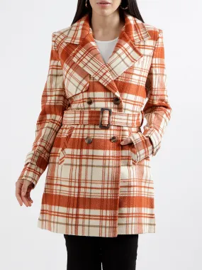 Elle Women Checked Full Sleeves Notched Lapel Overcoat