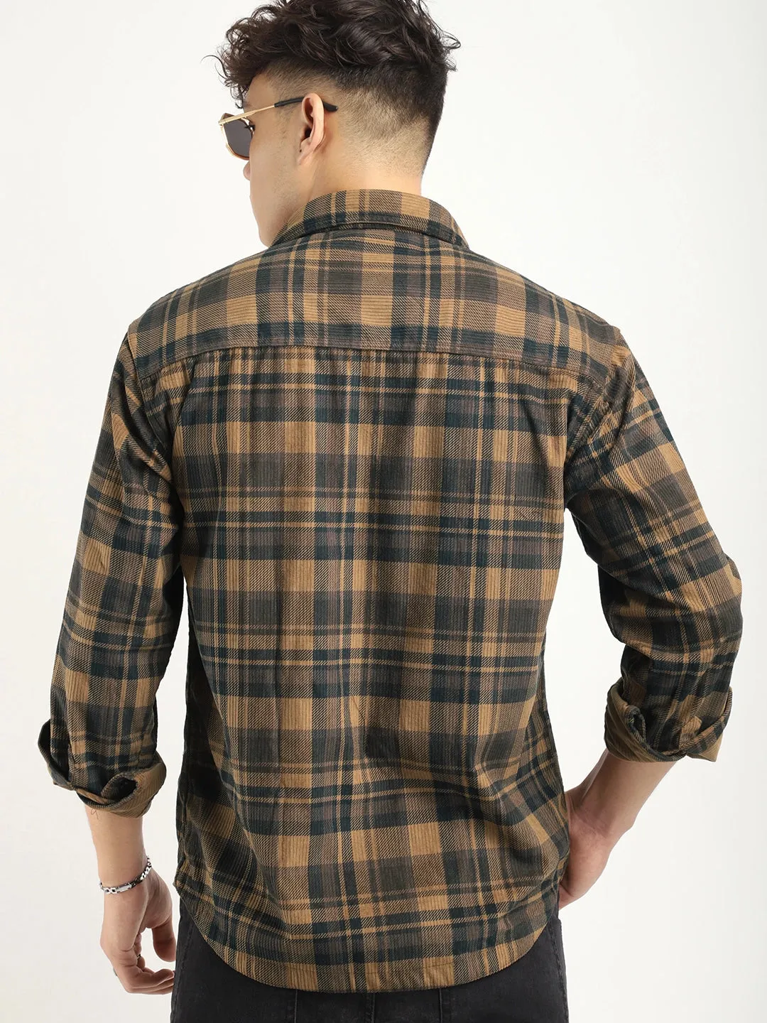 Fabric Corduroy Brown Checkerd Full Sleeve Shirt