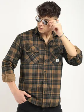 Fabric Corduroy Brown Checkerd Full Sleeve Shirt