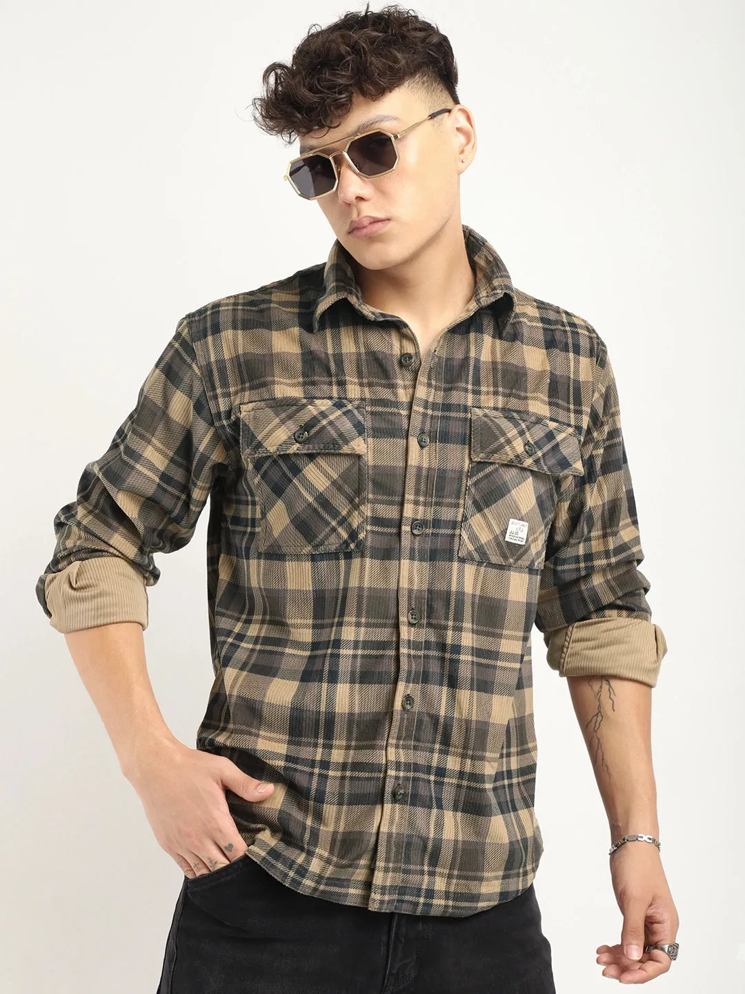 Fabric Corduroy Khaki Checkerd Full Sleeve Shirt