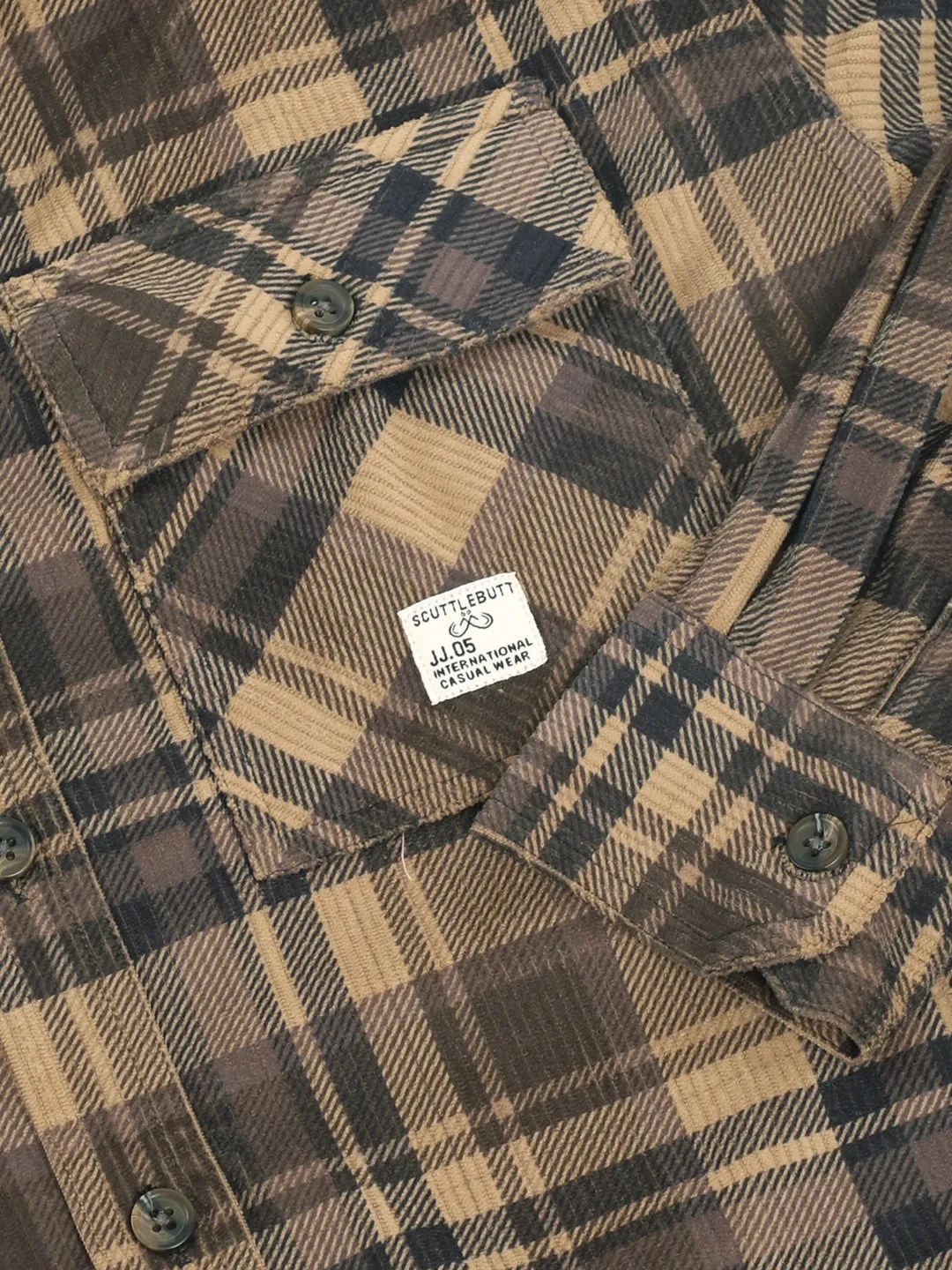 Fabric Corduroy Khaki Checkerd Full Sleeve Shirt