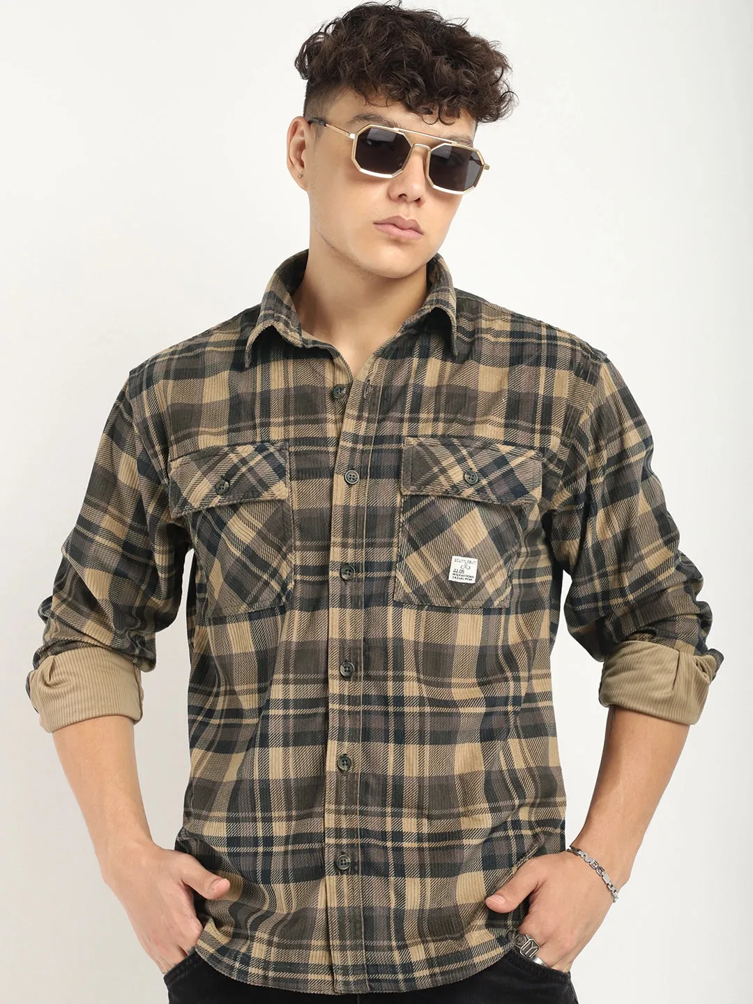 Fabric Corduroy Khaki Checkerd Full Sleeve Shirt