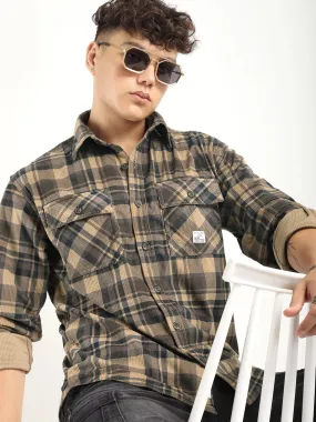 Fabric Corduroy Khaki Checkerd Full Sleeve Shirt