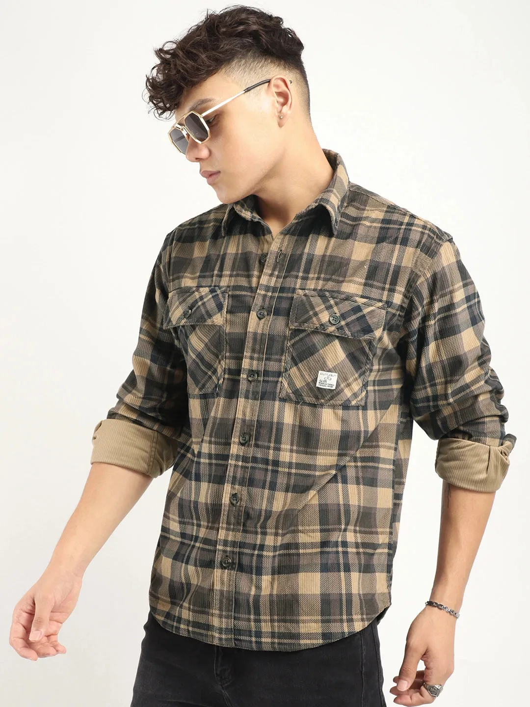 Fabric Corduroy Khaki Checkerd Full Sleeve Shirt