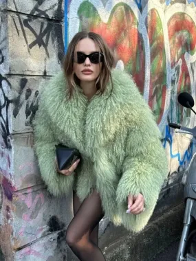 Fashionkova Chic Green Oversized Plush Women's Fur Coat Elegant Soft Warm Long Sleeves Loose Jackets Winter New Ladies Chic 2024 Streetwear