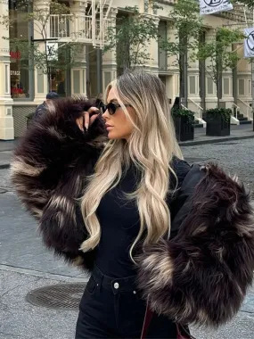 Fashionkova Chocolate Color Collision Faux Fur Jackets Open Front Long Sleeve Fluffy Women's Coats High Street Autumn Winter Warm Outerwears