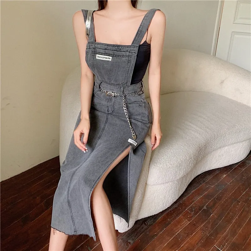 Fashionkova  Sleeveless Women Denim Suspender Dress Spring New Midi Skirt Blue Korean Fashion Polo Collar Streetwear Female Braces Slit Dress