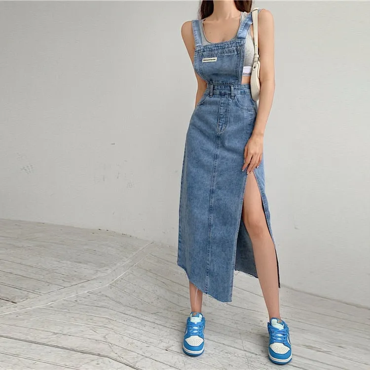 Fashionkova  Sleeveless Women Denim Suspender Dress Spring New Midi Skirt Blue Korean Fashion Polo Collar Streetwear Female Braces Slit Dress