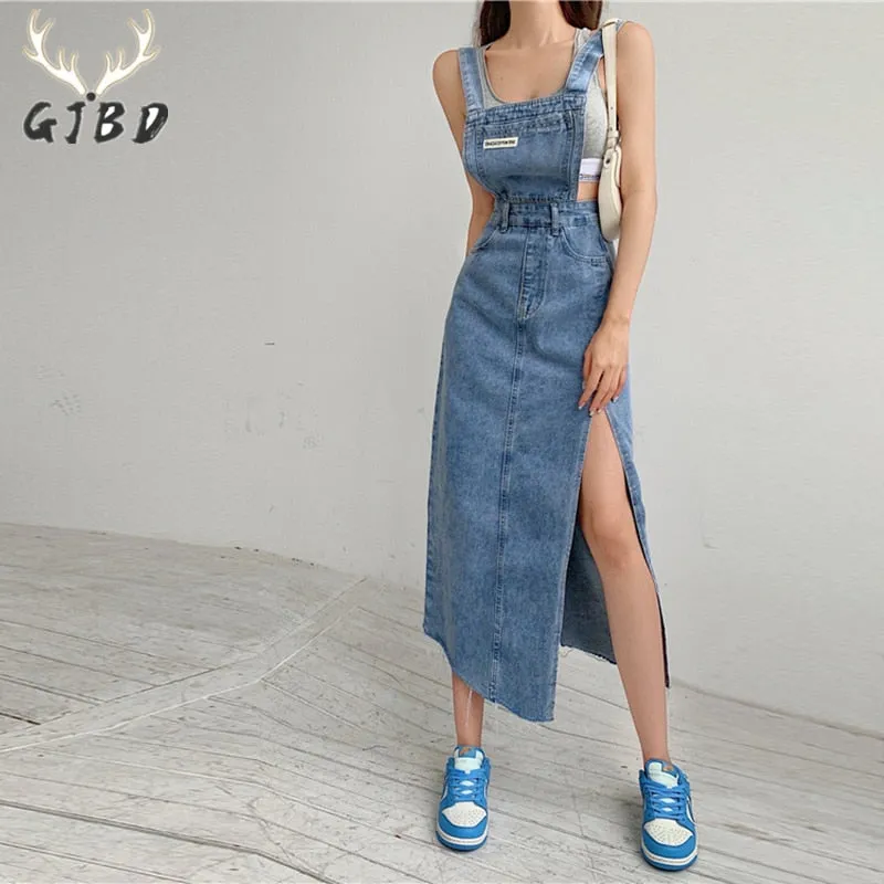 Fashionkova  Sleeveless Women Denim Suspender Dress Spring New Midi Skirt Blue Korean Fashion Polo Collar Streetwear Female Braces Slit Dress