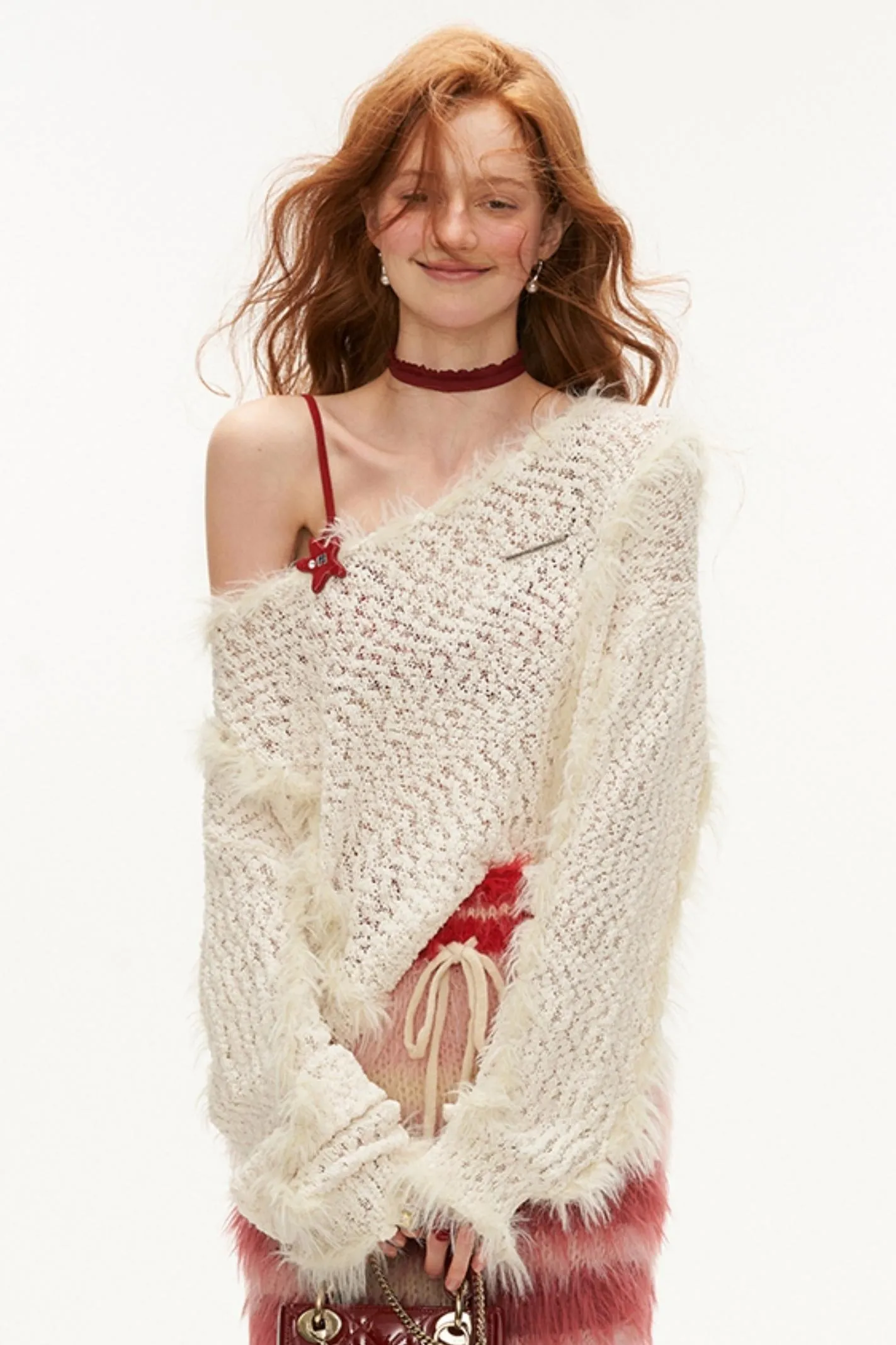 Feather Trim Off-Shoulder Sweater