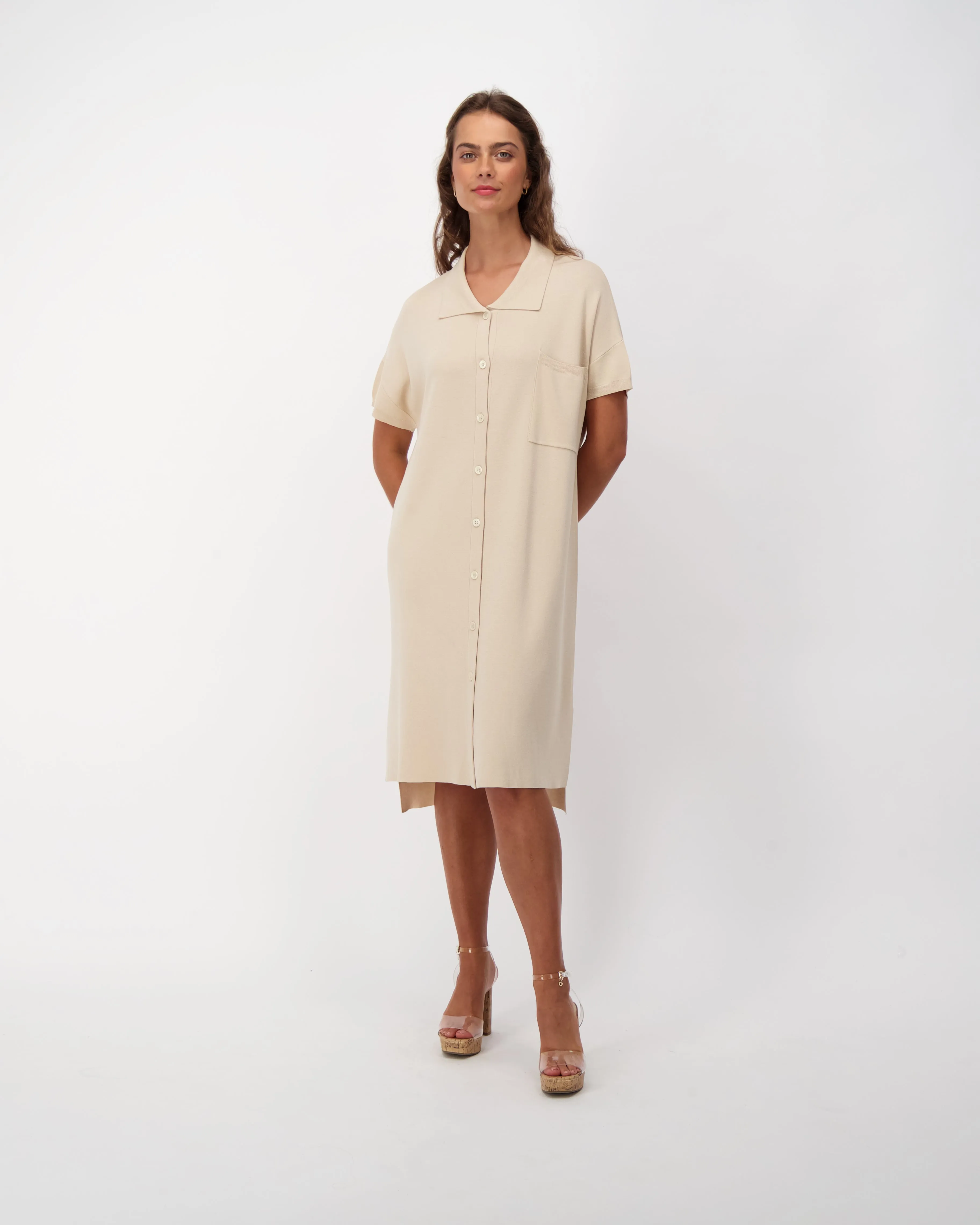 Front Button Knit Shirt Dress