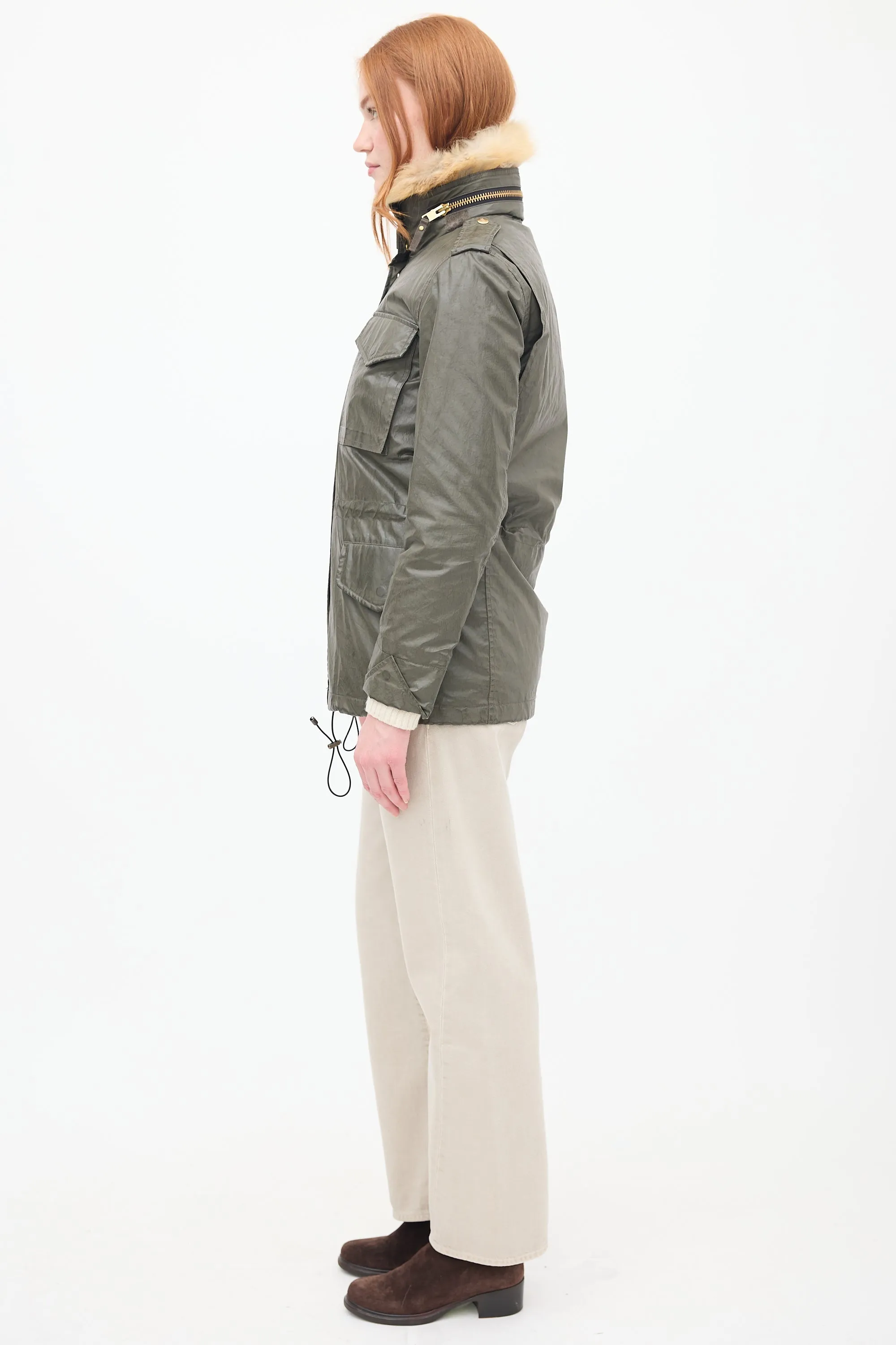 Green Waxed Canvas & Fur 2-in-1 Anorak Jacket