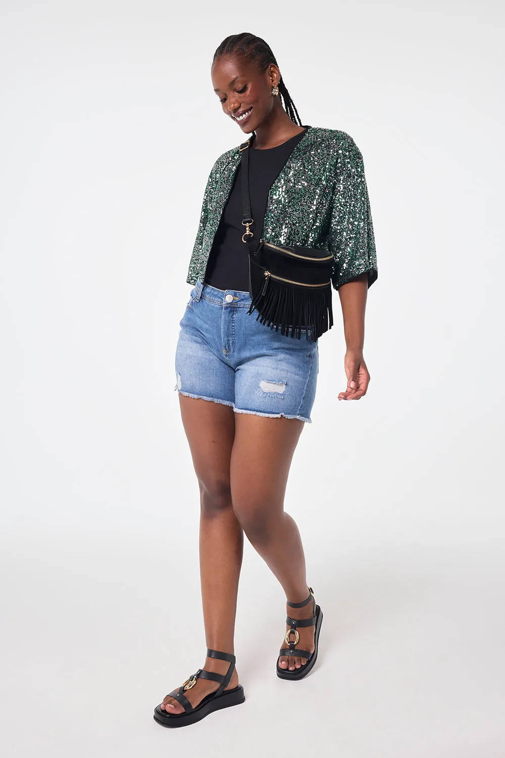 Green with Silver Sequin Cropped Jacket