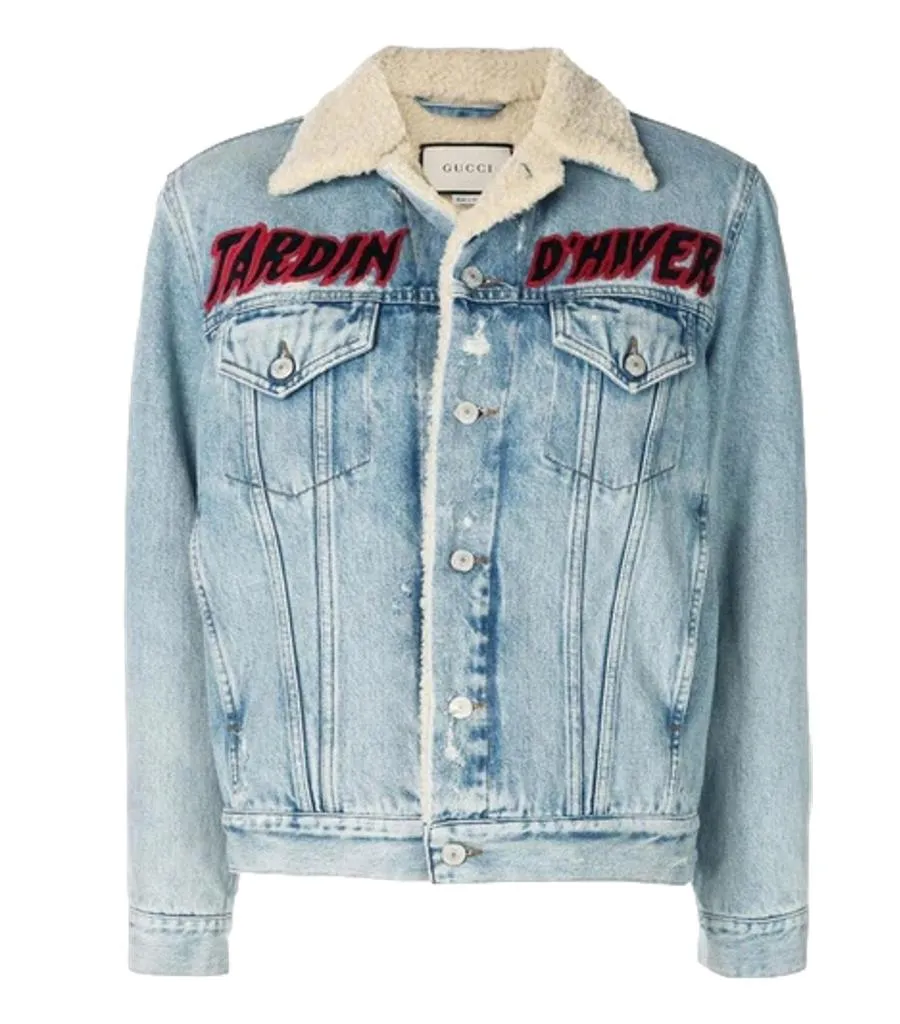 Gucci Crystal Embellished Shearling/Denim Jacket. Size 46IT