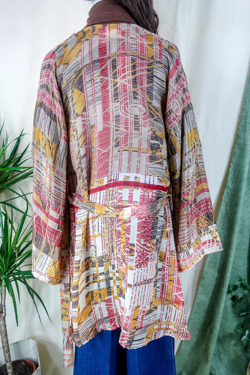 Karina Kimono Jacket - Vintage Sari - Earthy Mauve Abstract - Free Size S