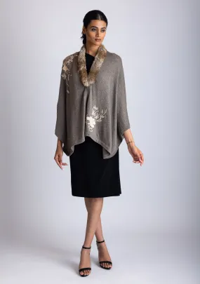 Khaki Melange Knitted Fine Wool Cape with Beige Flower Embroidery & a Natural Fur Collar