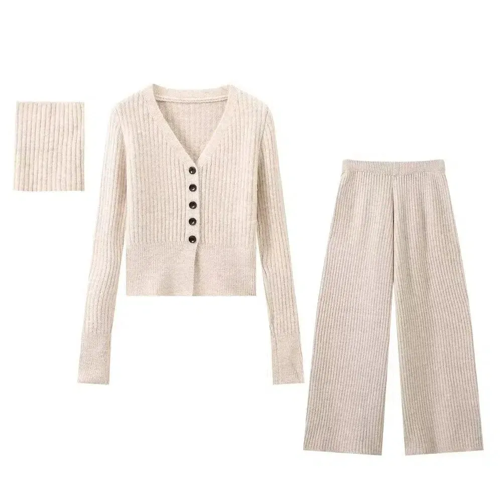 Knit Scarf Cardigan Pants Three-piece Set