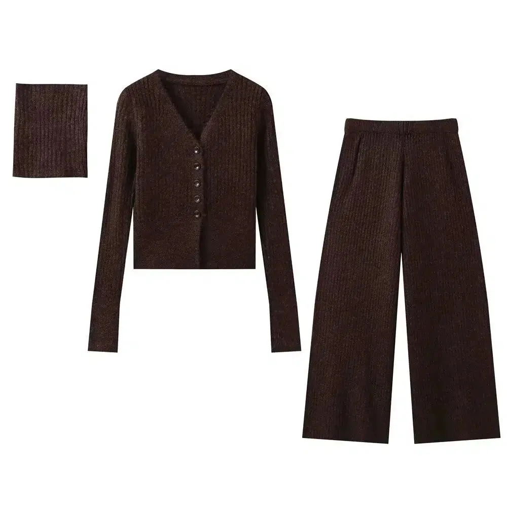 Knit Scarf Cardigan Pants Three-piece Set