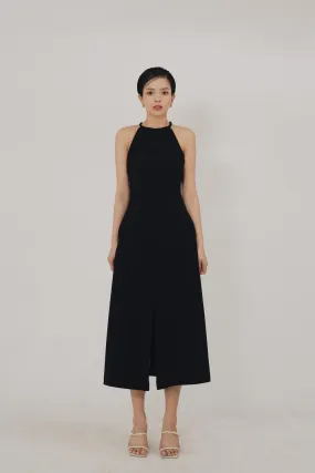 Korzun Halter Front Slit Wool Blend Dress