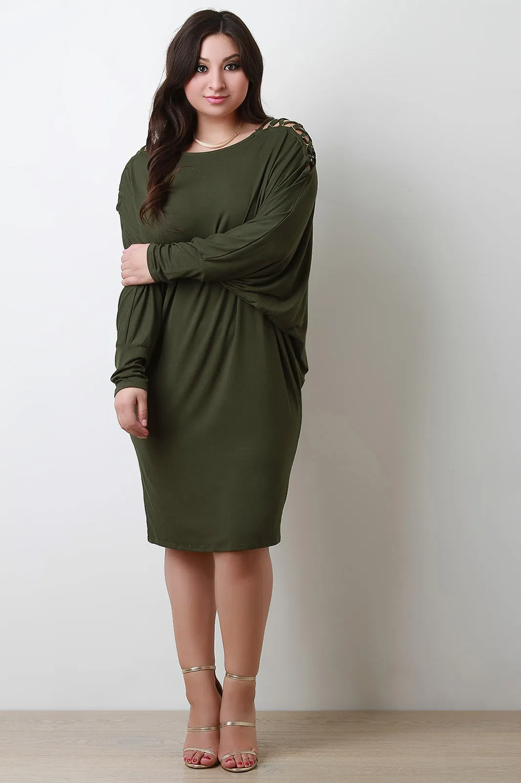 Lace Up Shoulder Dolman Shirt Dress