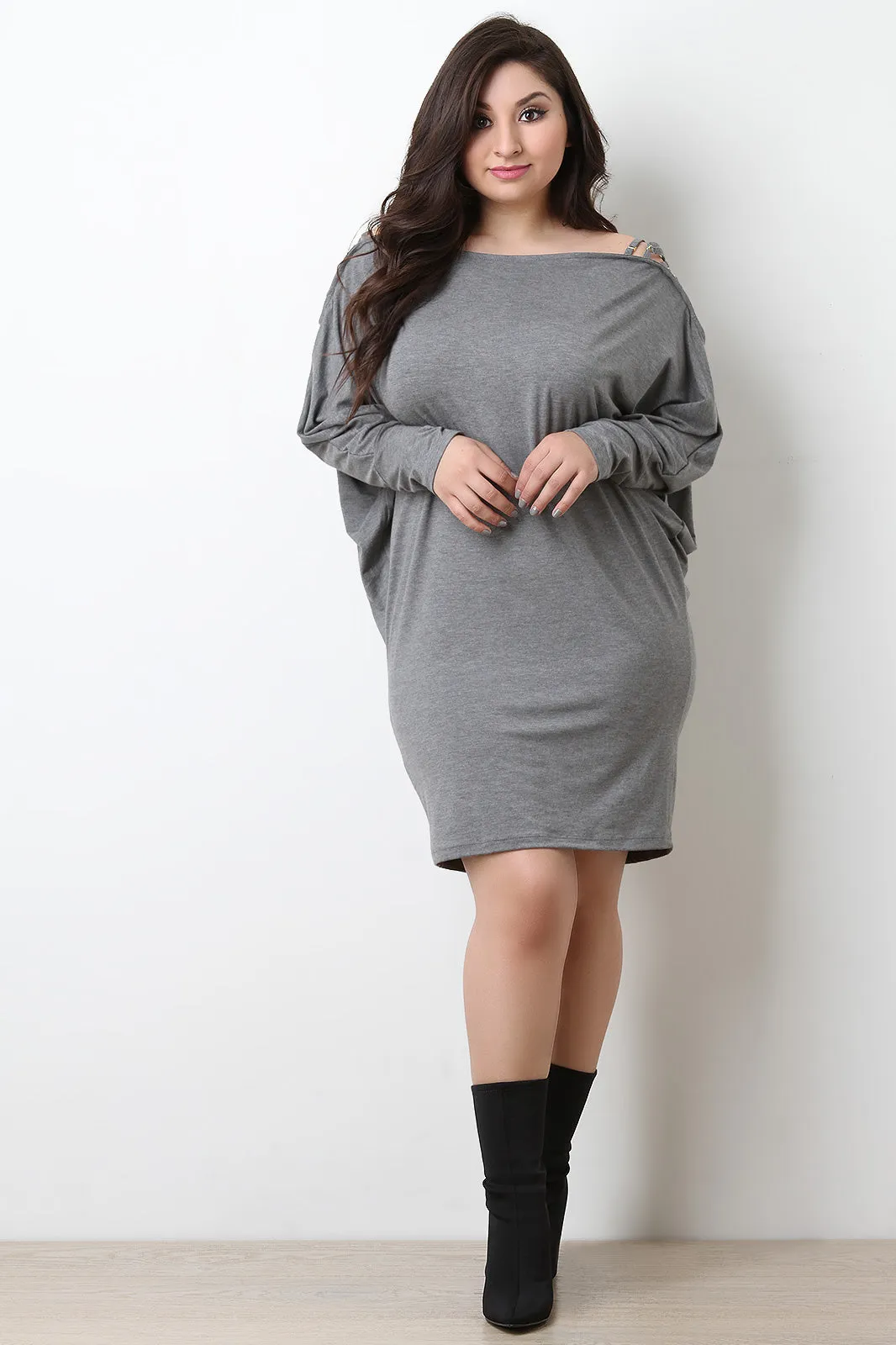 Lace Up Shoulder Dolman Shirt Dress