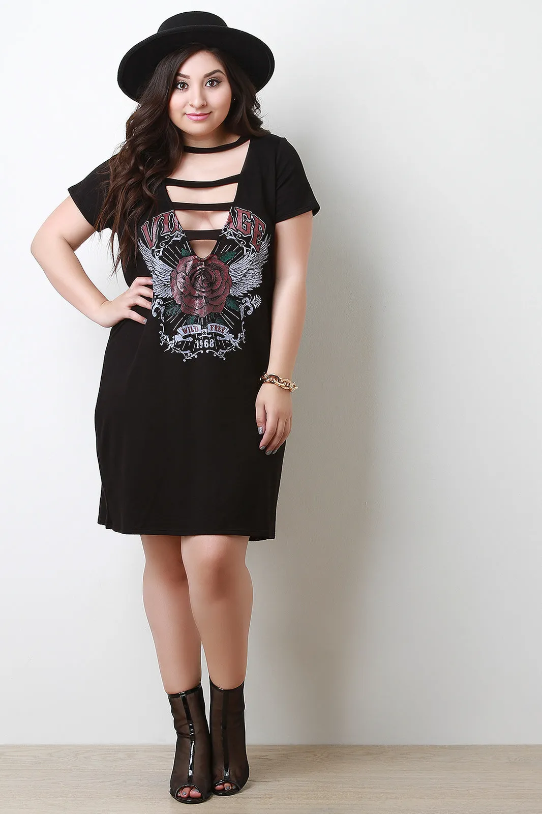 Ladder Yoke V-Cut Graphic Print T-Shirt Dress