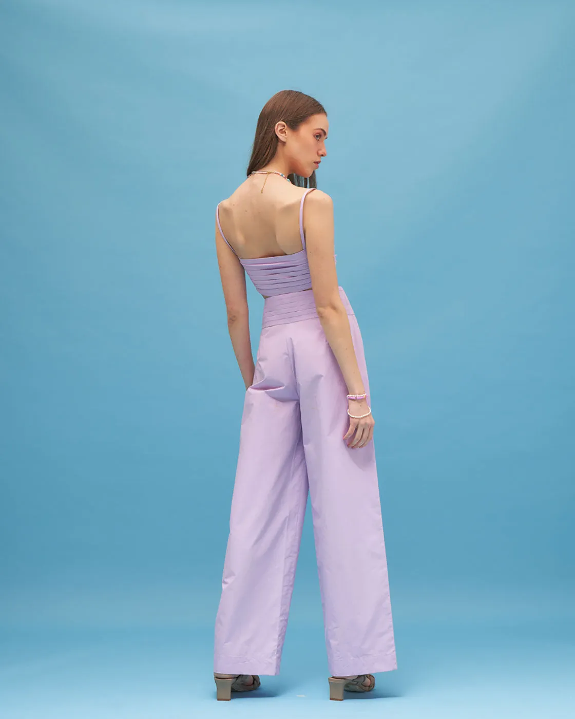 Lavendar Crop Top And Pant Set- Pleated Co Ord