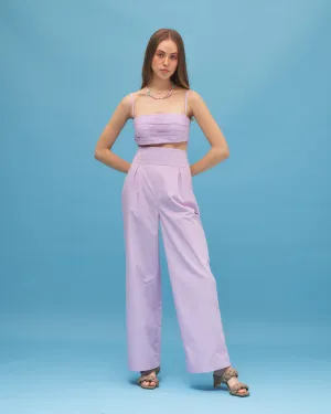 Lavendar Crop Top And Pant Set- Pleated Co Ord