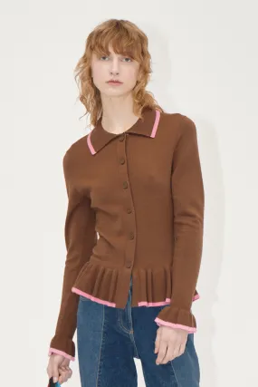 Linear Ruffle Cardigan - Partridge Brown