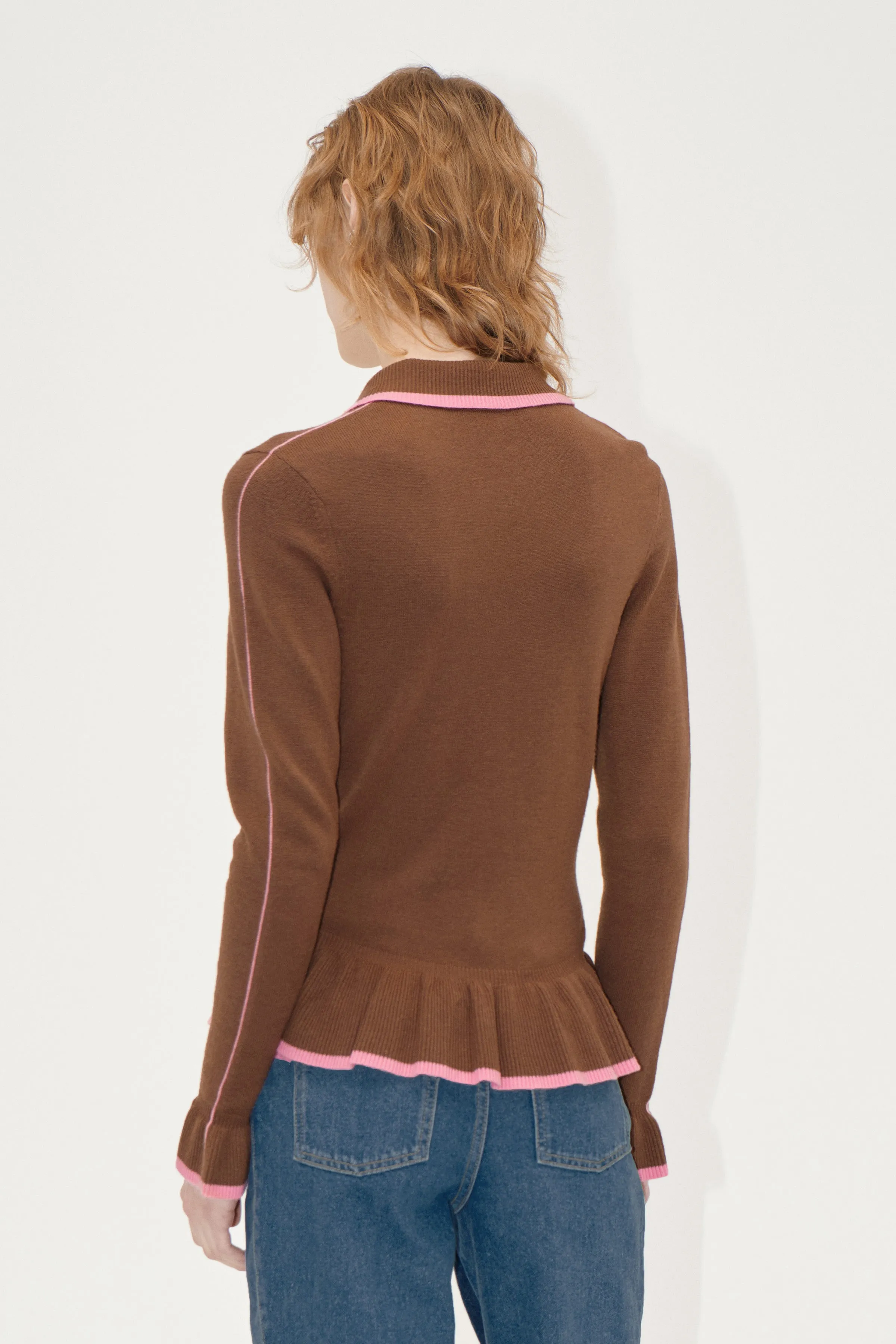 Linear Ruffle Cardigan - Partridge Brown