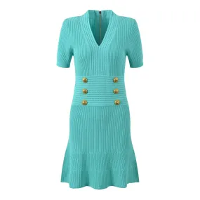 Luxury Metal Buckle V-neck Knitted Dress