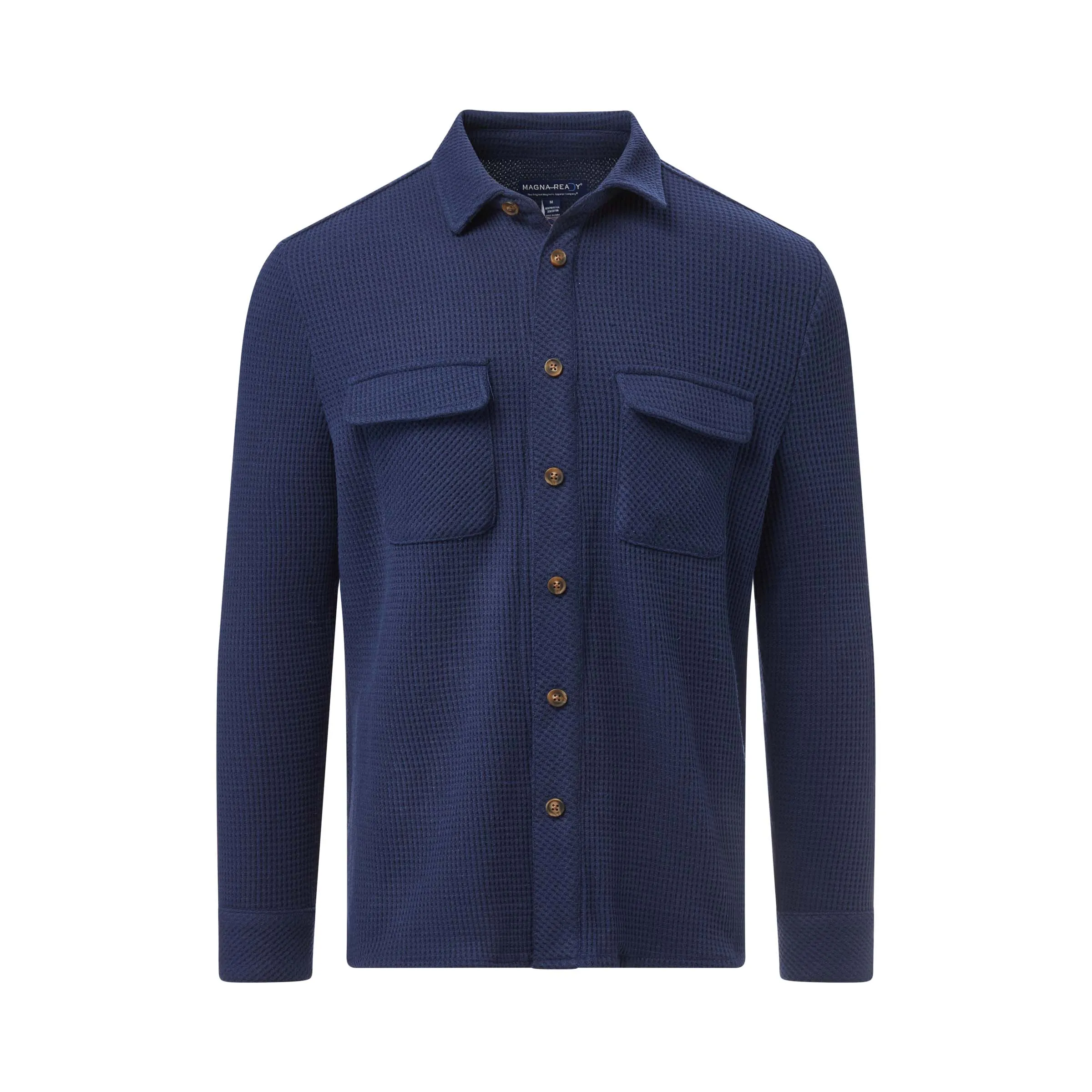 Magnetic Front WaffleWeave Casual Shirt with Dual Pockets in Navy