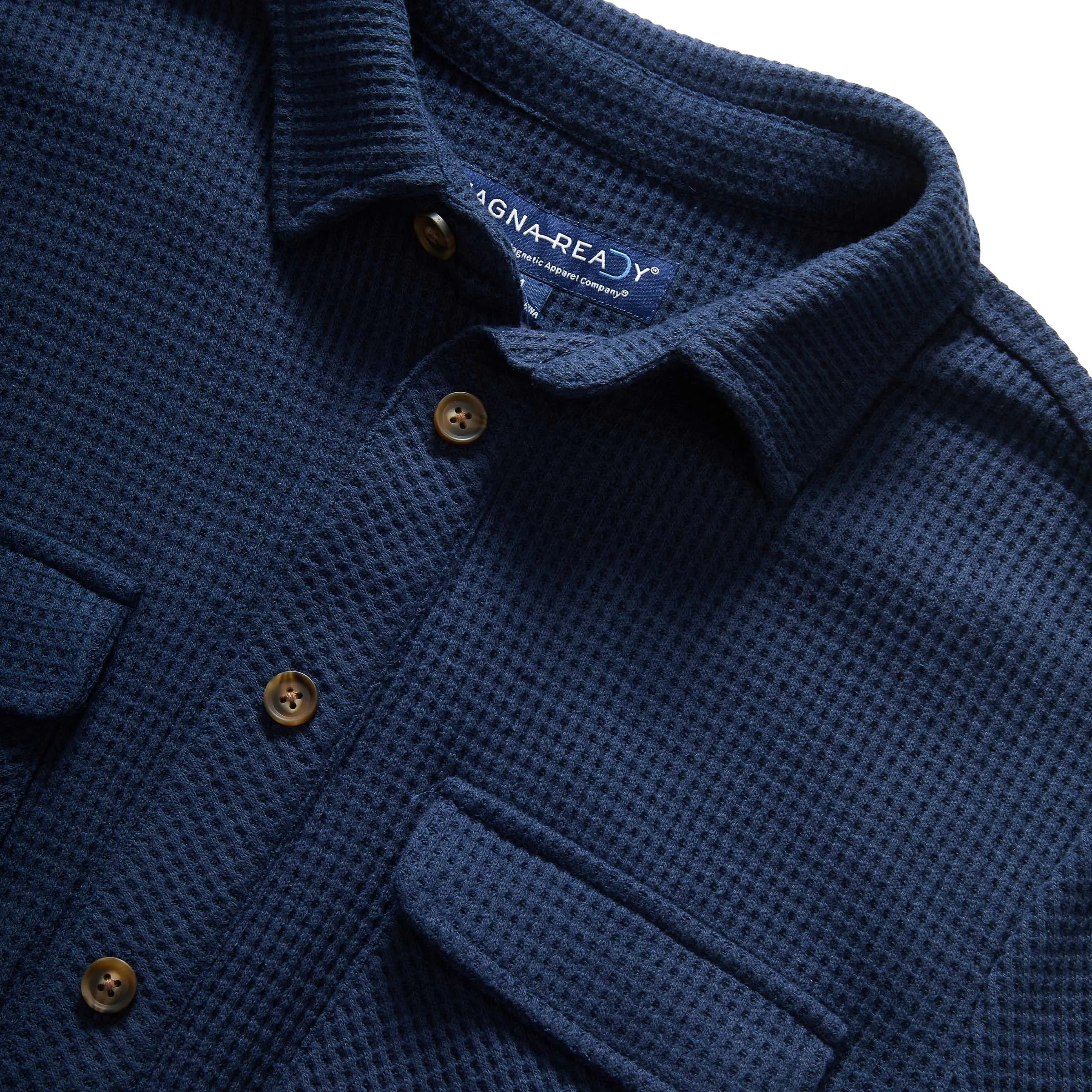 Magnetic Front WaffleWeave Casual Shirt with Dual Pockets in Navy