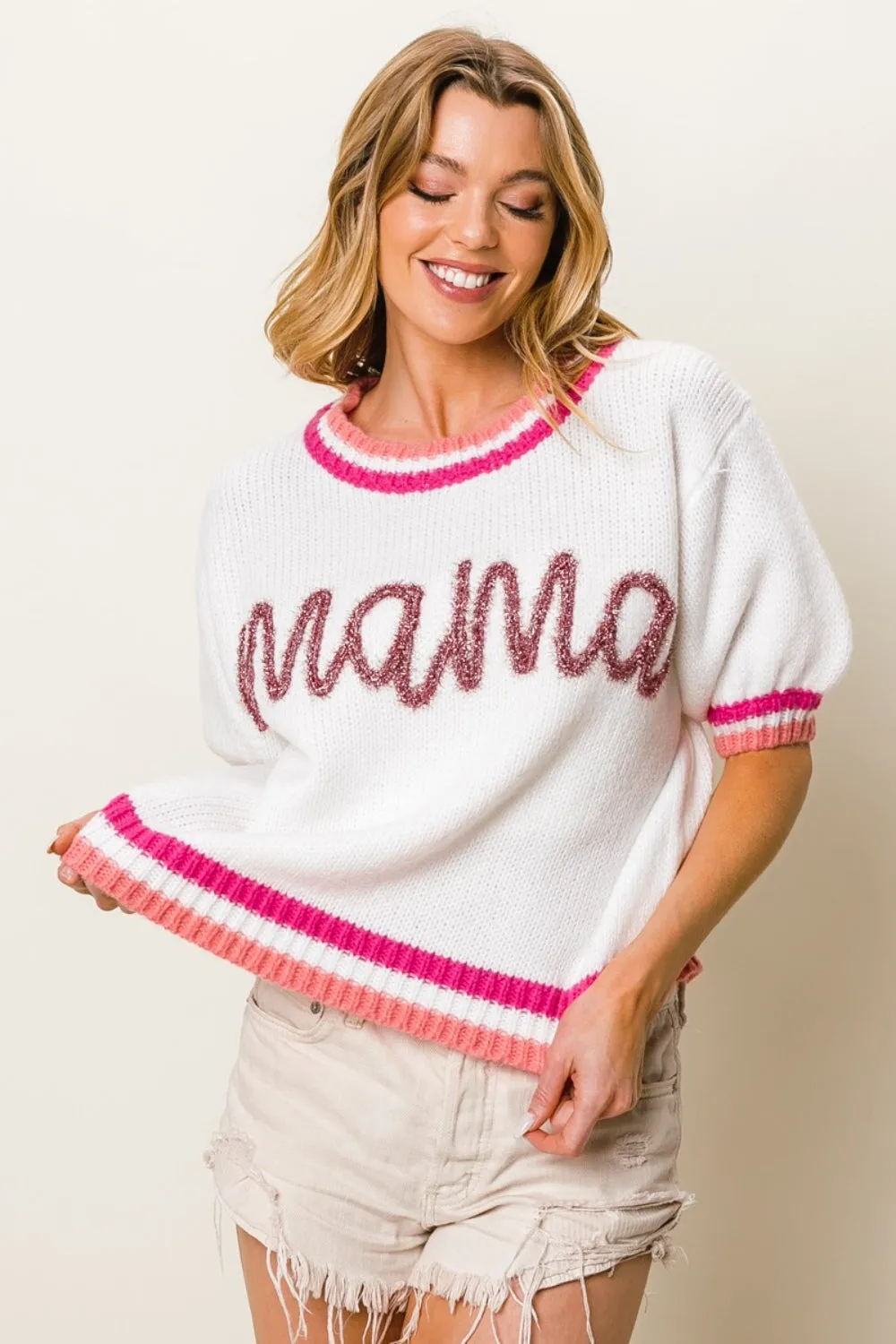 MAMA CONTRAST TRIM SHORT SLEEVE SWEATER