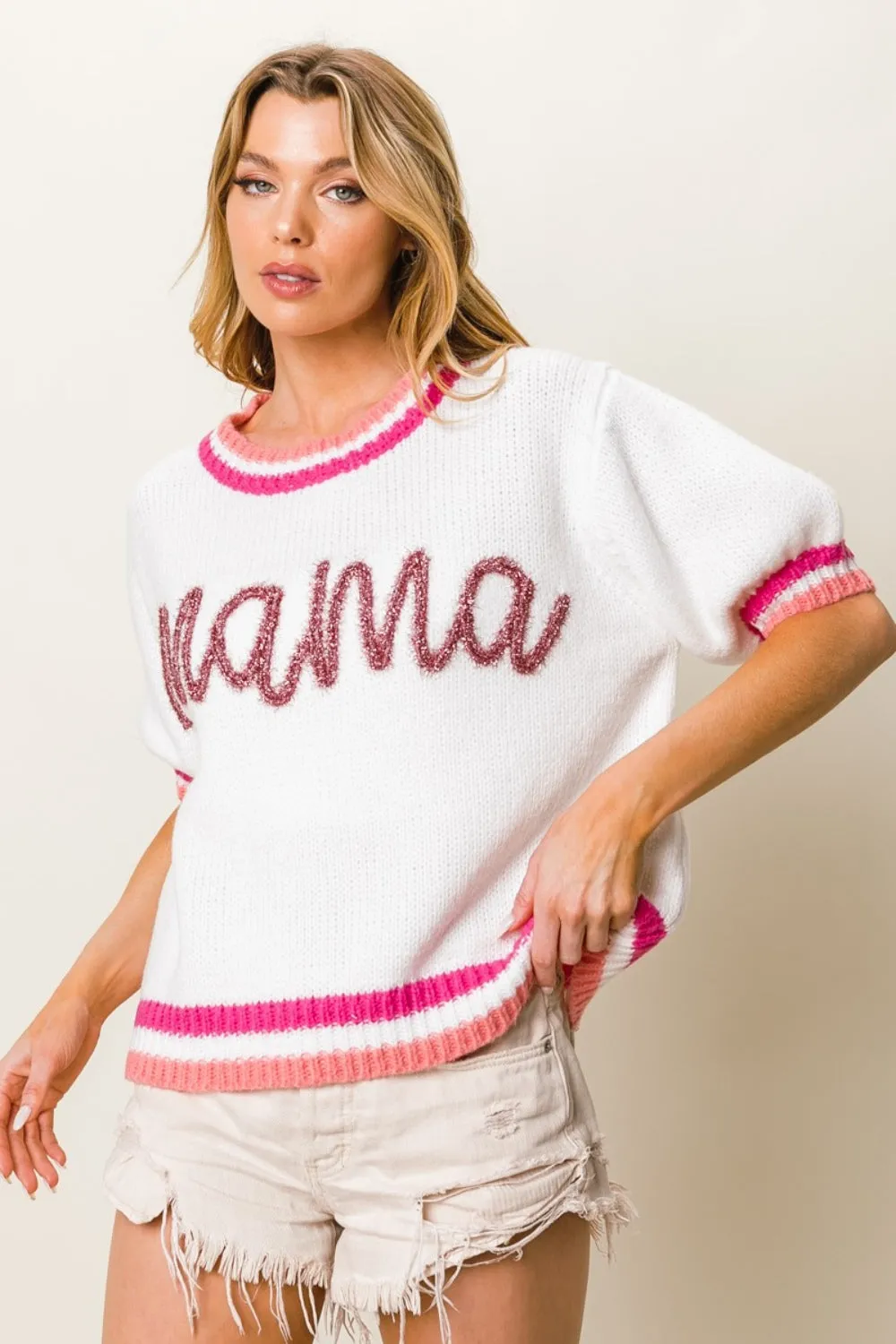 MAMA CONTRAST TRIM SHORT SLEEVE SWEATER