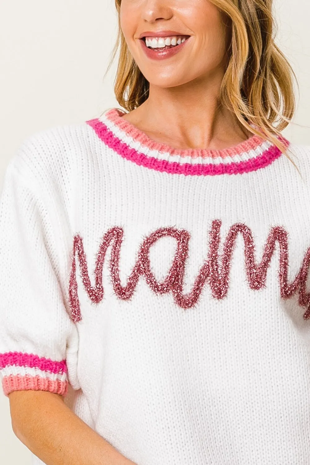 MAMA CONTRAST TRIM SHORT SLEEVE SWEATER