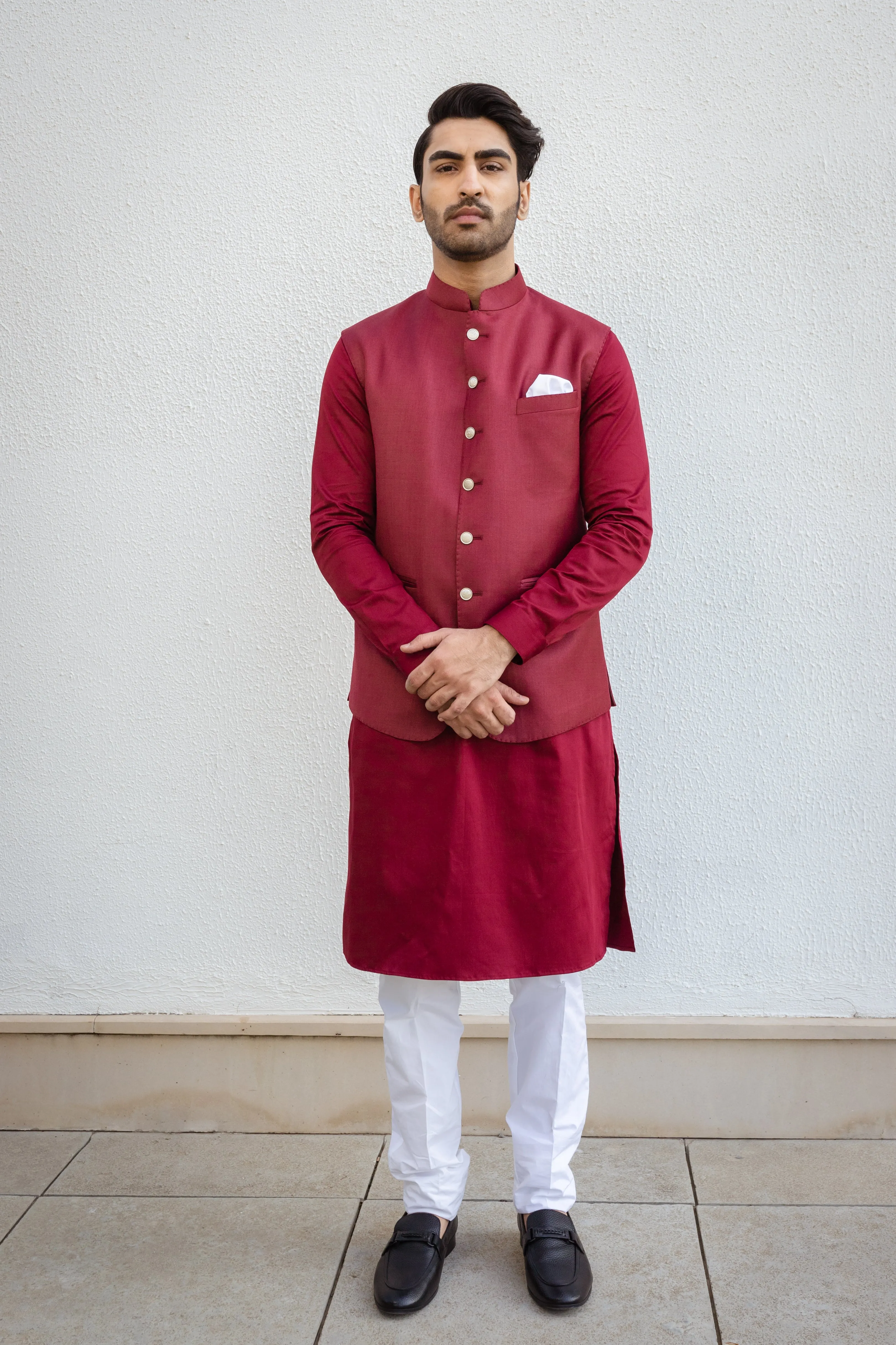 Maroon Tone-On-Tone Nehru Jacket And Kurta Set.