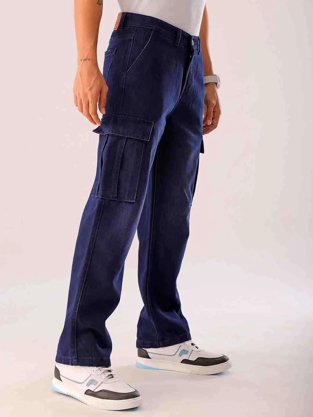 Men Blue Solid G365 Relaxed Fit Cargo Denim