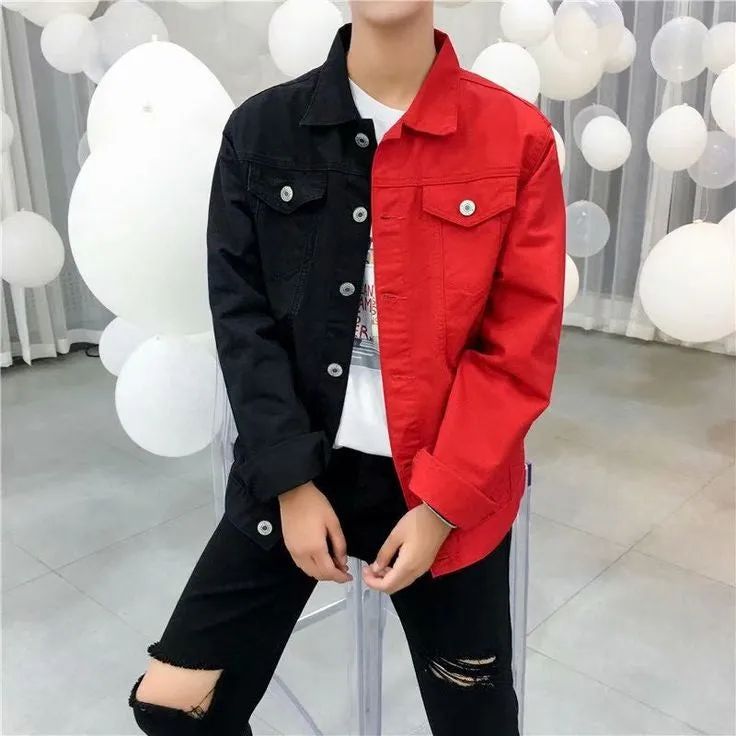 Men Solid Colour Block High Street Style Button Up Denim Jacket