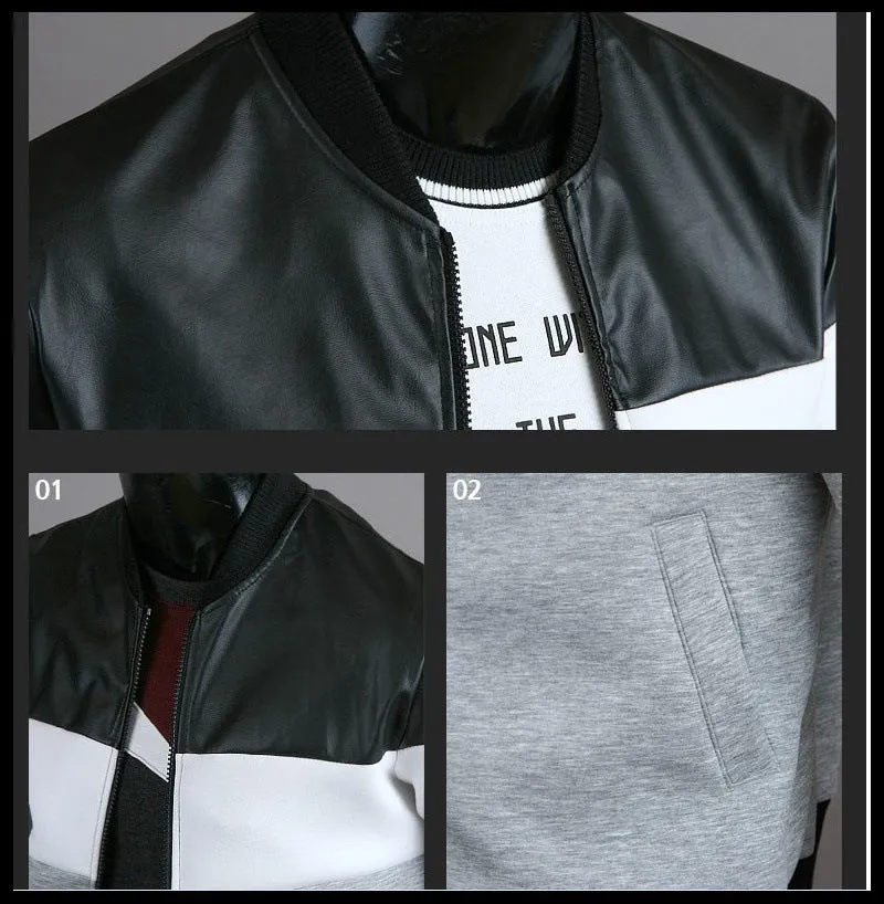 Men's Classic Color Block PU Leather Spliced Rib Hem Stand Collar Long Sleeves Slimming Jacket