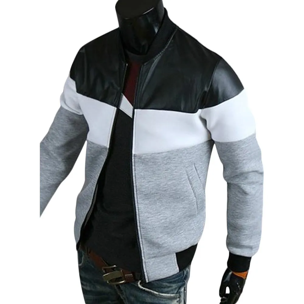 Men's Classic Color Block PU Leather Spliced Rib Hem Stand Collar Long Sleeves Slimming Jacket