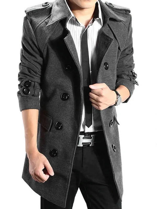 Men's Epaulet Double Breasted Woolen Blend Trench Coat